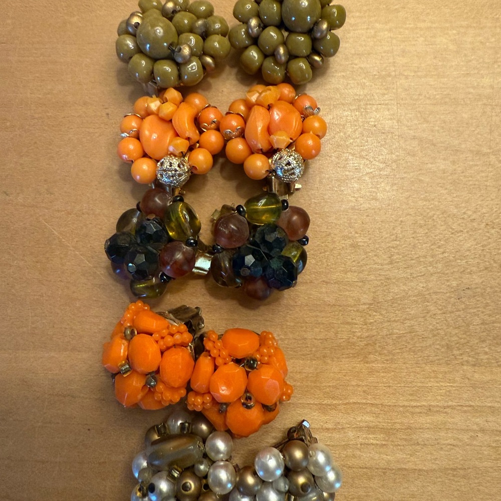 Vintage Beaded Clip-On Earrings Set - Orange, Green, Brown, Pearl